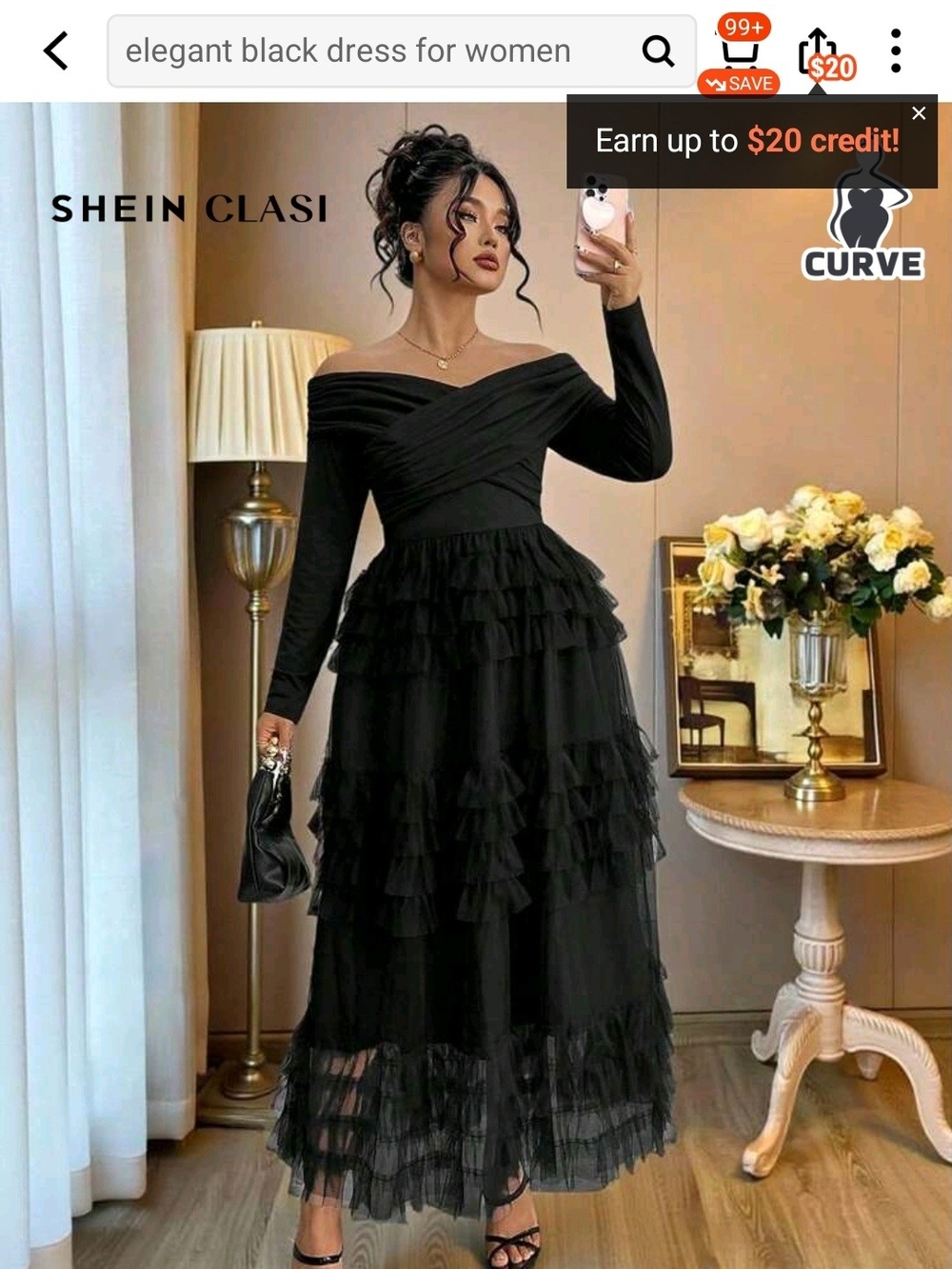 SHEIN Black Off-Shoulder Long Sleeve Ruffle Tulle Maxi Dress